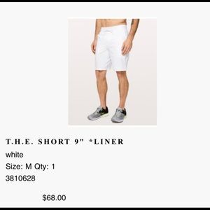 Lululemon men’s white T.H.E. short 9” liner medium